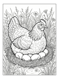 Hen Sitting On Eggs In Meadow