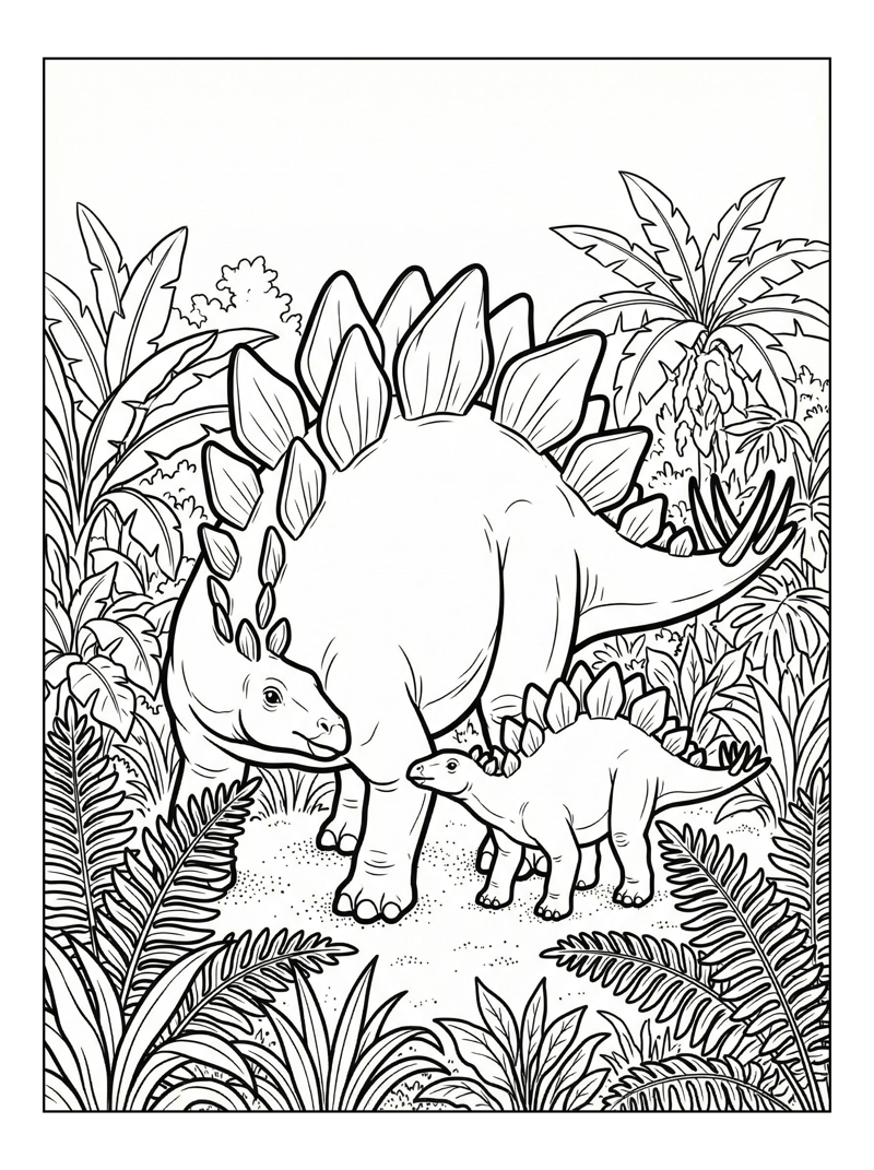 Mother Stegosaurus Baby Guarding Jungle
