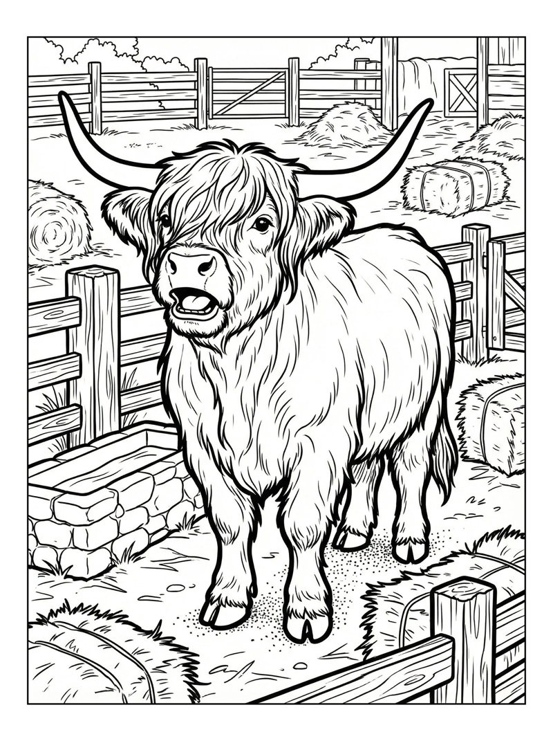 Highland Cow Mooing In Farmyard
