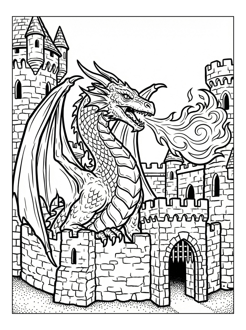 Ancient Western Dragon Breathing Fire Castle