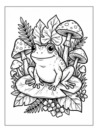 Bullfrog Sits On Lily Pad With Mushrooms