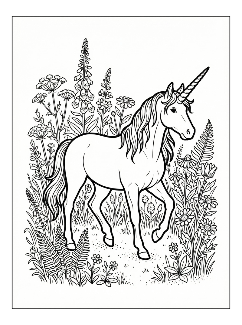 Unicorn Walking In Rainbow Meadow