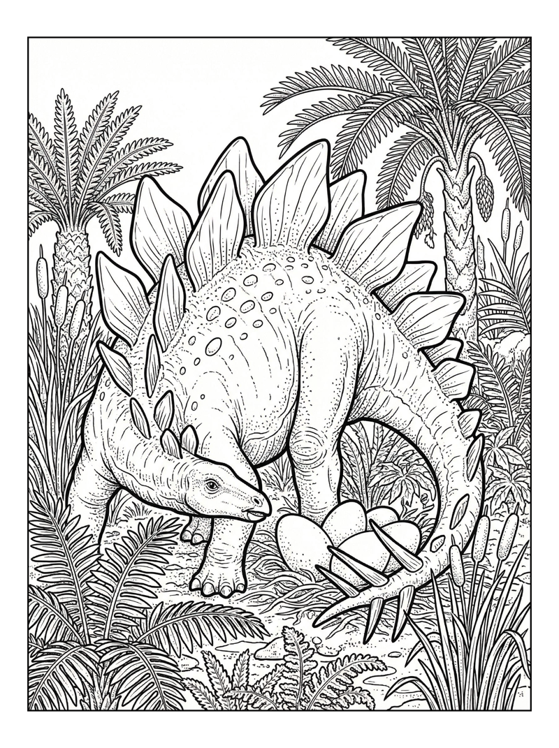 Stegosaurus Guarding Dinosaur Eggs Swamp