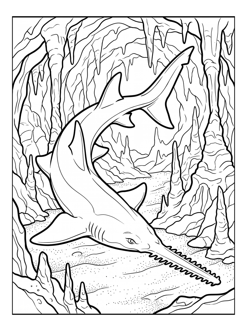Sawshark Swimming Underwater Cave
