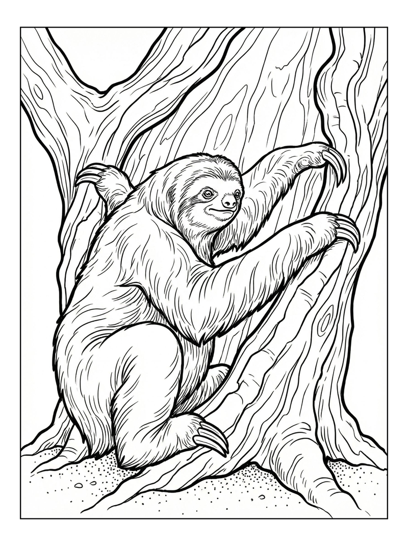 Pale-throated Sloth Climbing Tree Trunk