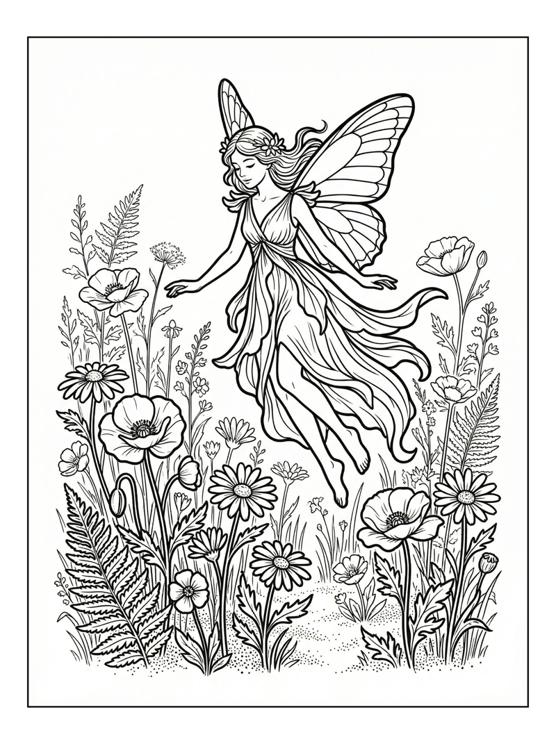Flower Fairy Hovering In Wildflower Field