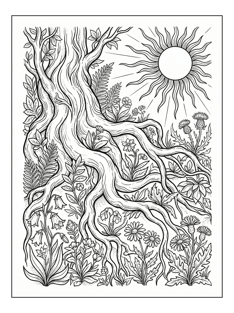 Winding Roots Forest Flowers Sun