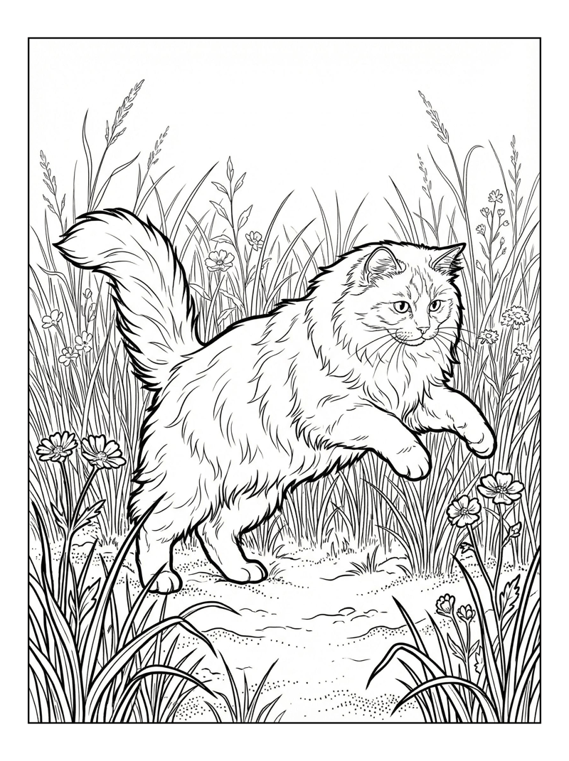 Ragdoll Cat Leaping In Grassy Field