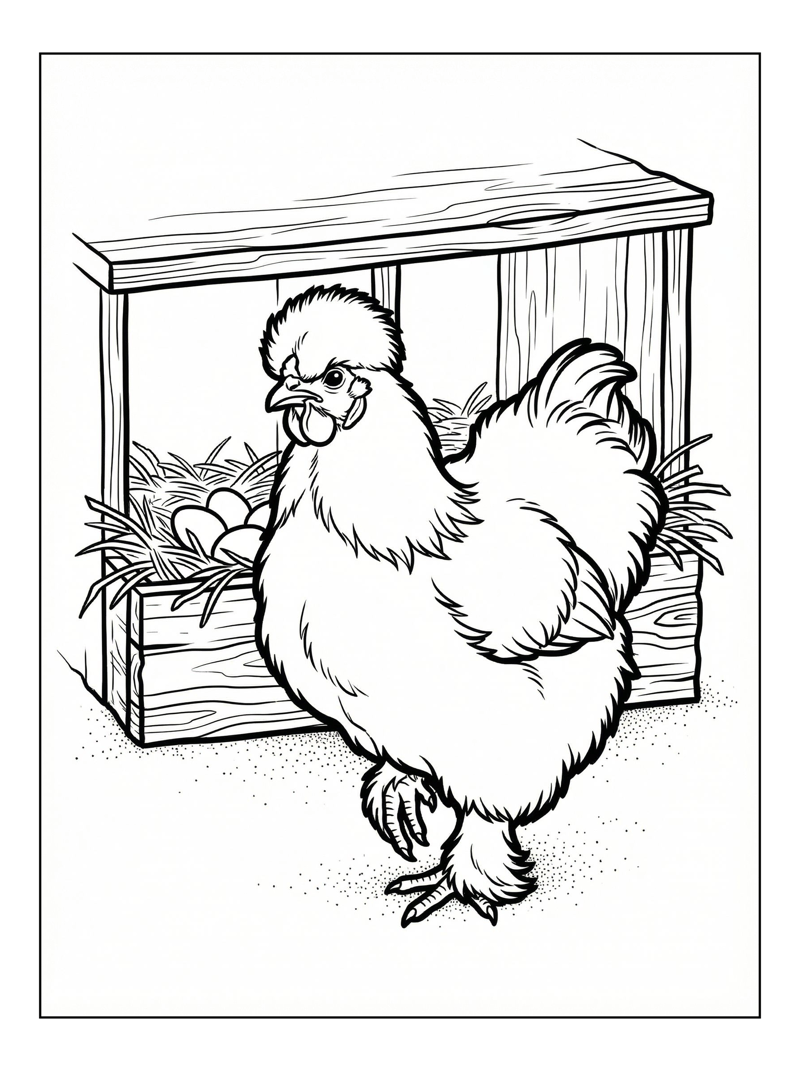 Silkie Chicken Walking By Nesting Box