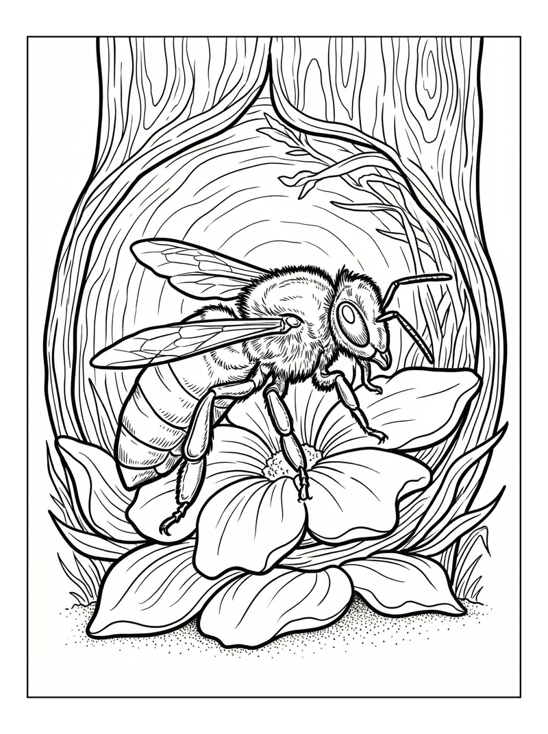 Bee On Flower In Tree Trunk