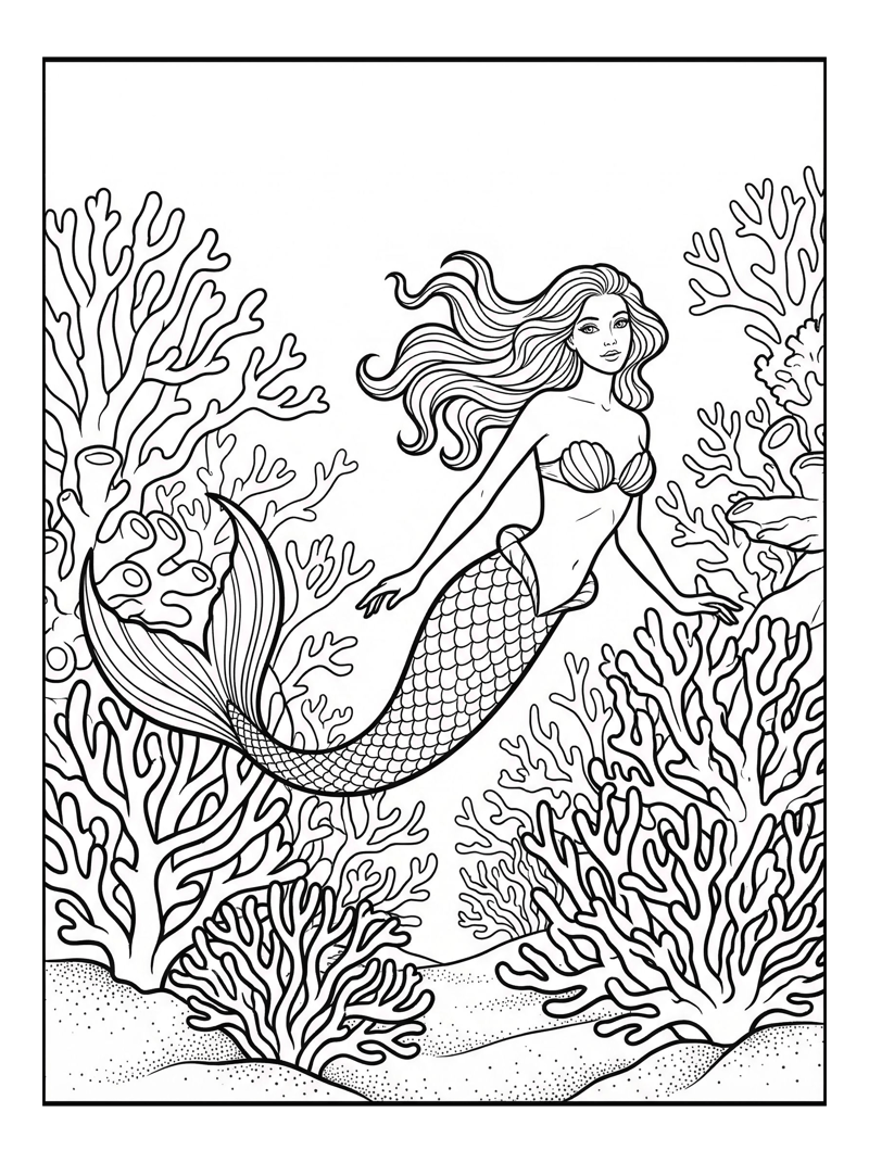 Mermaid Princess Swimming In Coral Reef
