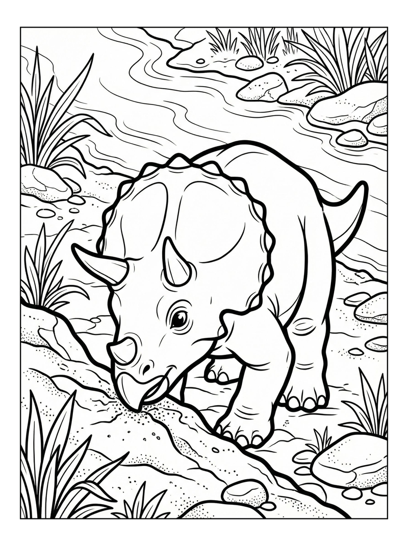 Hatchling Triceratops Sniffing Riverbank Ground