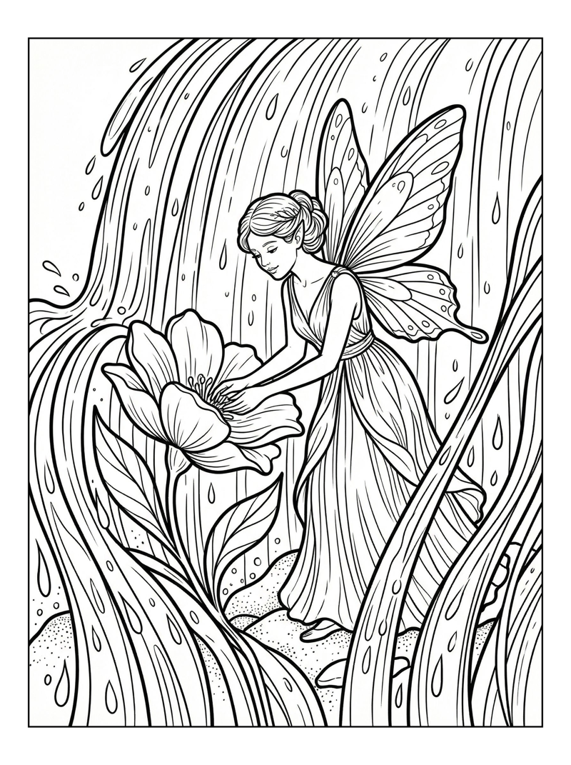 Tooth Fairy Tending Flower By Waterfall