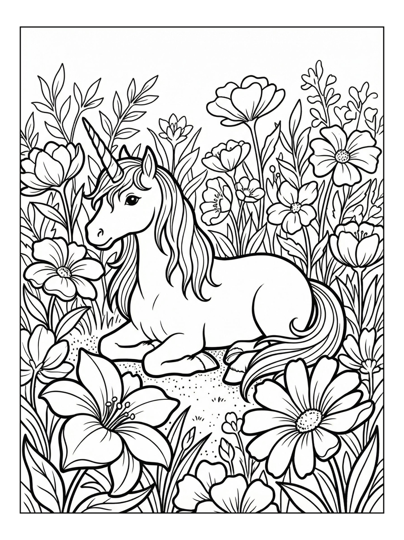 Unicorn Resting In Flower Garden