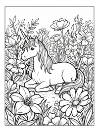 Unicorn Resting In Flower Garden