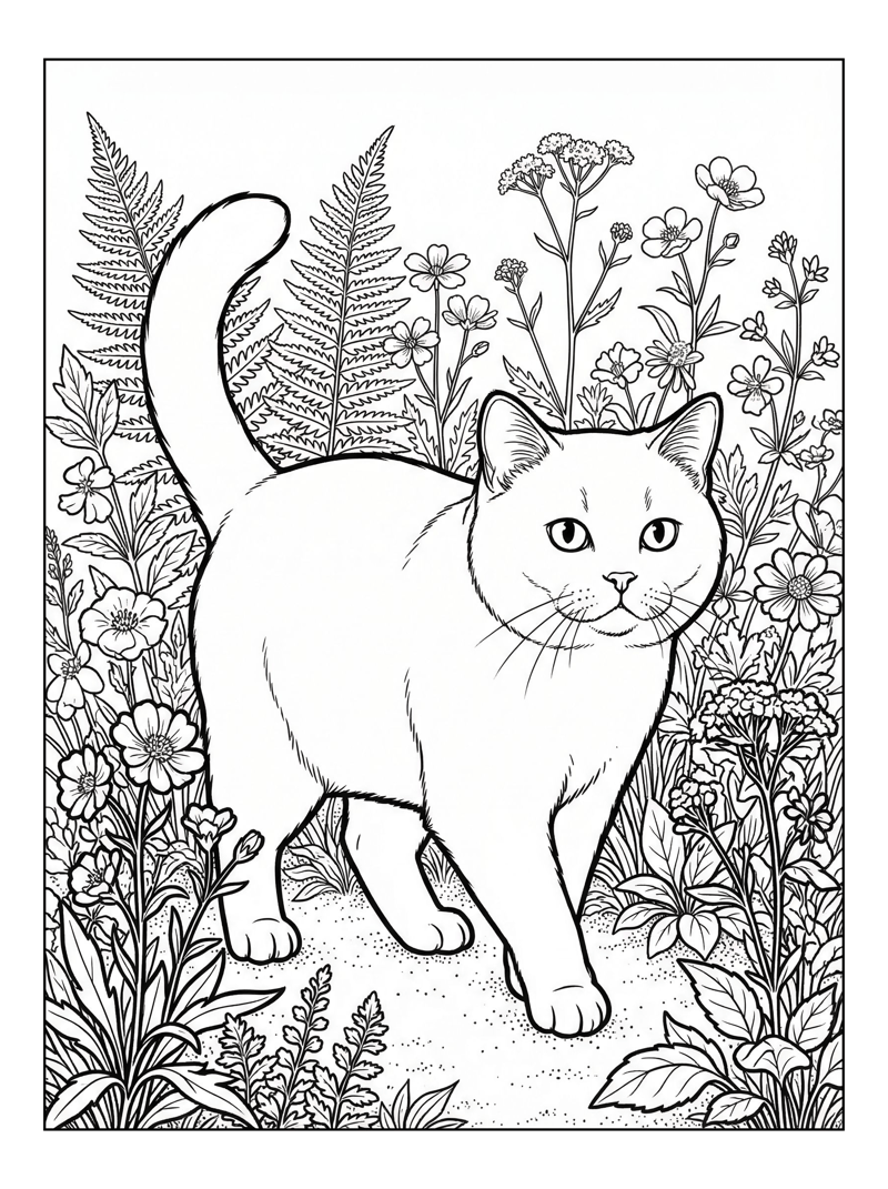 British Shorthair Cat Walks In Flower Bed