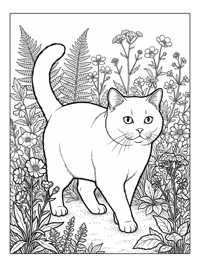 British Shorthair Cat Walks In Flower Bed