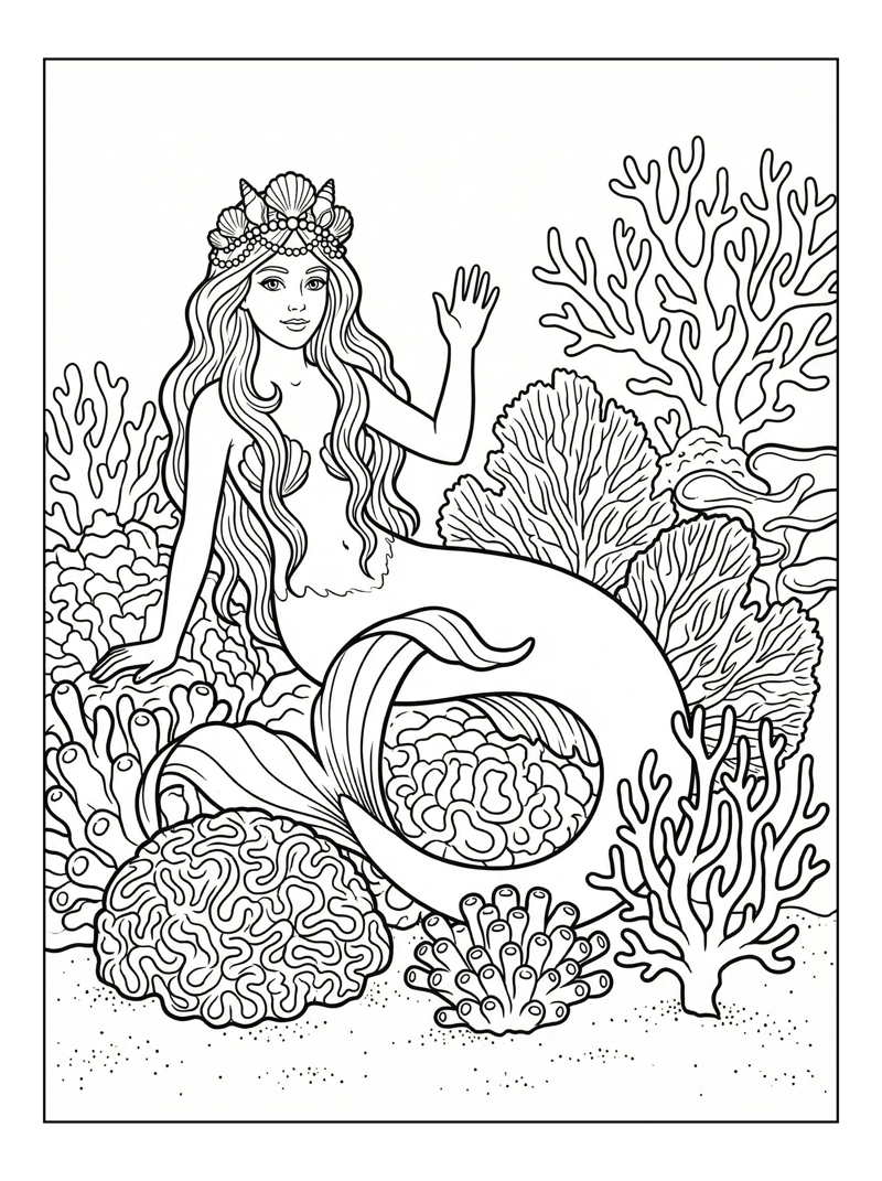 Mermaid Queen Waving In Coral Reef