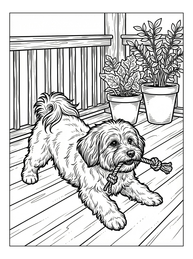 Havanese Dog Playing Rope On Porch