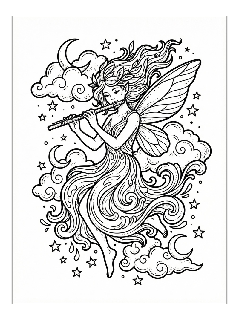 Water Fairy Playing Flute Among Stars