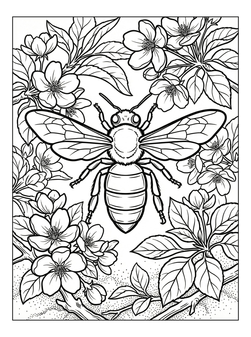 Queen Bee Hovers Among Flowers Branches