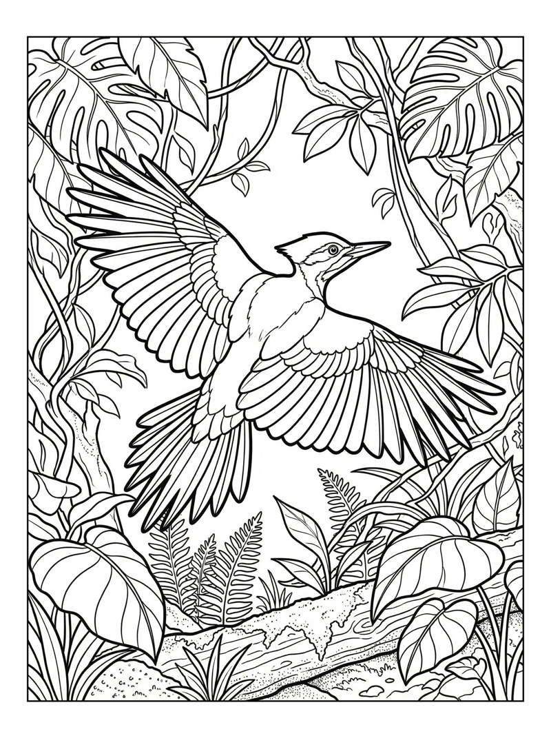 Woodpecker Gliding Through Tropical Rainforest