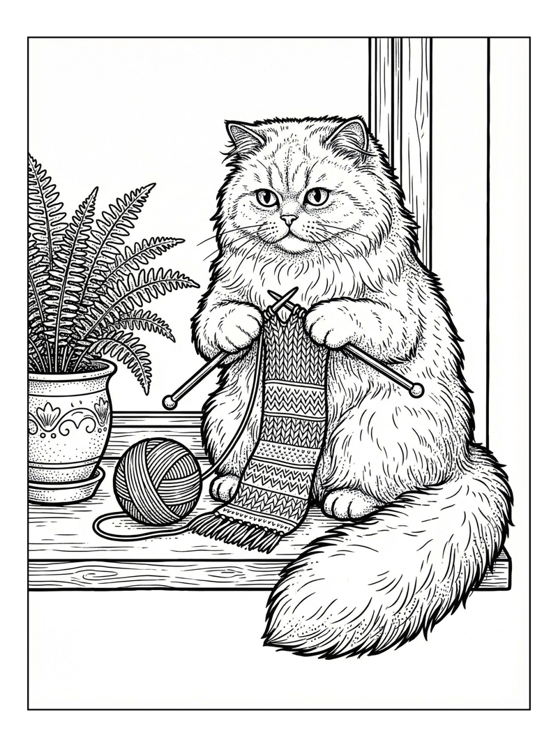Persian Cat Knitting On Window Sill