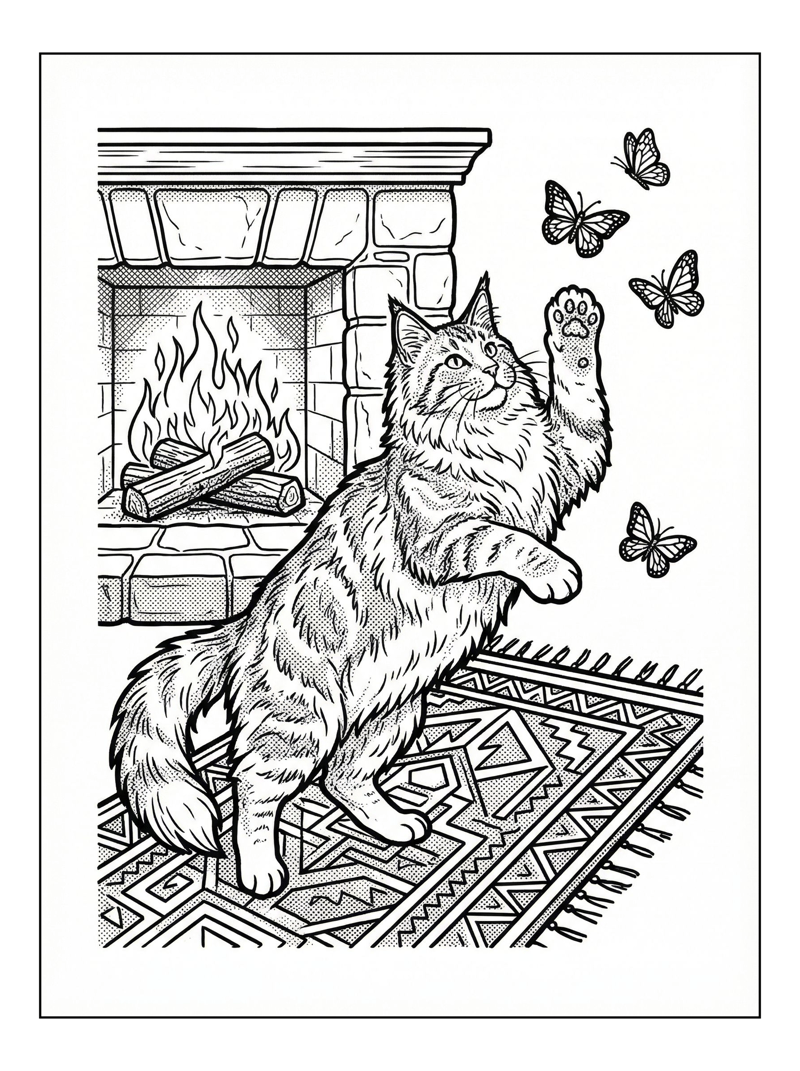 Maine Coon Cat Chasing Butterflies Fireplace
