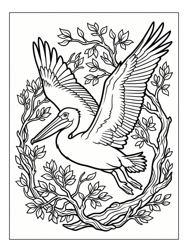 Pelican Flying Through Forest Branches