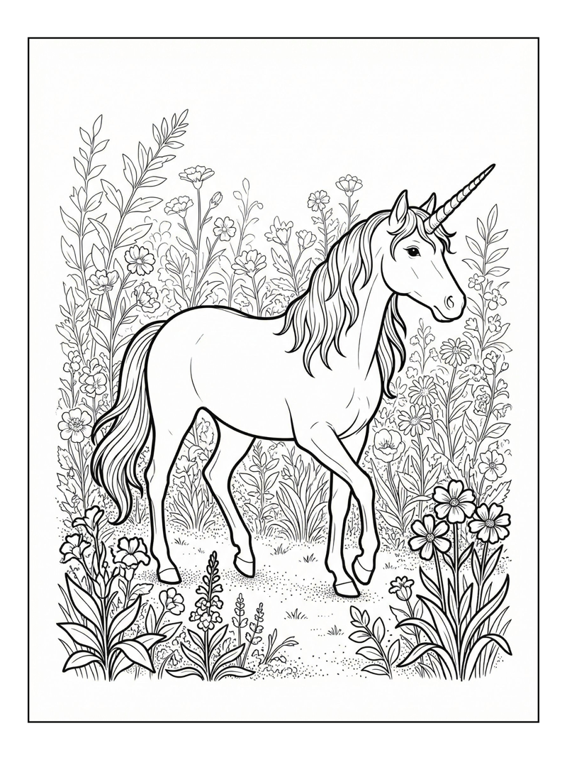 Unicorn Walking In Flower Garden