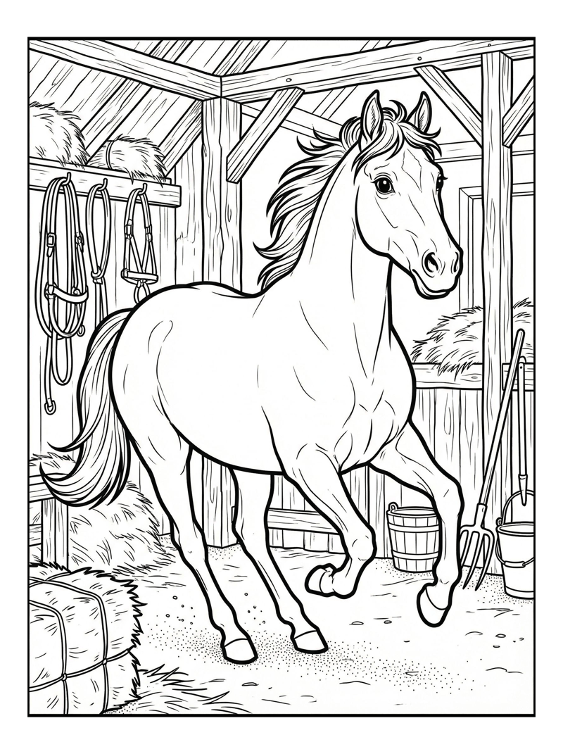 Farm Horse Galloping In Rustic Stable