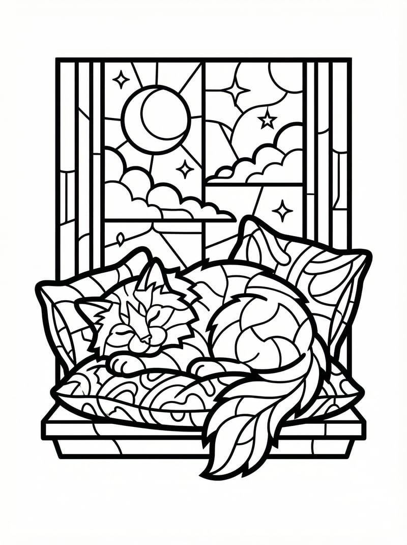 Ragdoll Cat Napping On Window Sill With Moon Stars