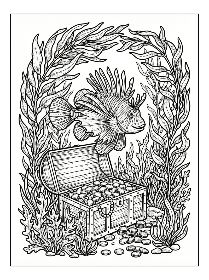 Lionfish Swims Over Treasure Chest
