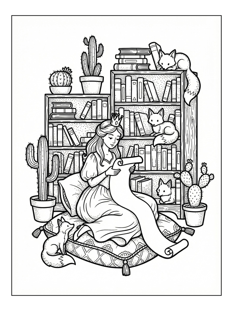 Princess Reading Scroll With Foxes