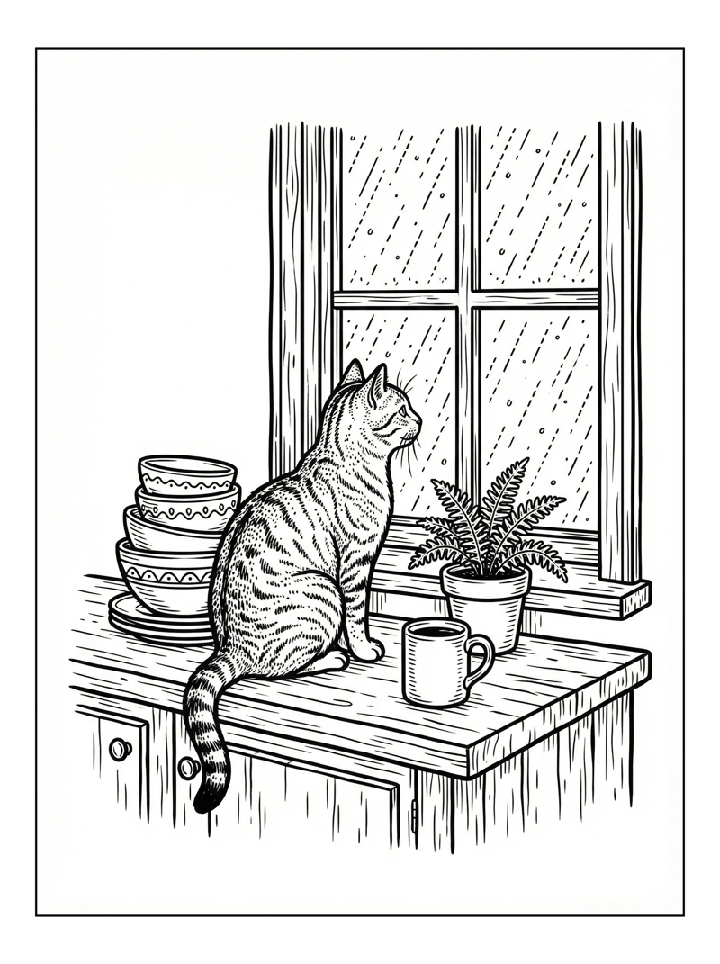 Tabby Cat Watching Rain From Kitchen Window