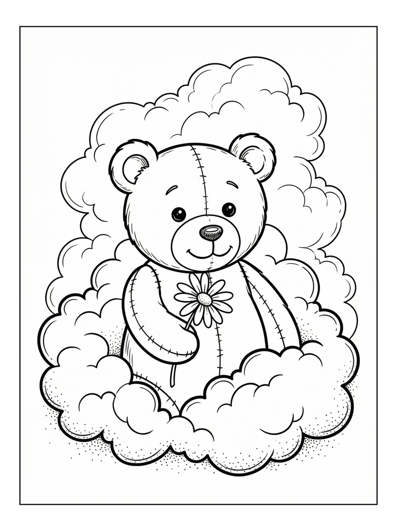 Coloring page of Stitched Teddy Bear Offers Flower On Clouds