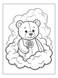 Stitched Teddy Bear Offers Flower On Clouds