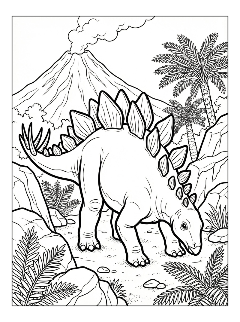 Stegosaurus Grazing In Volcanic Landscape