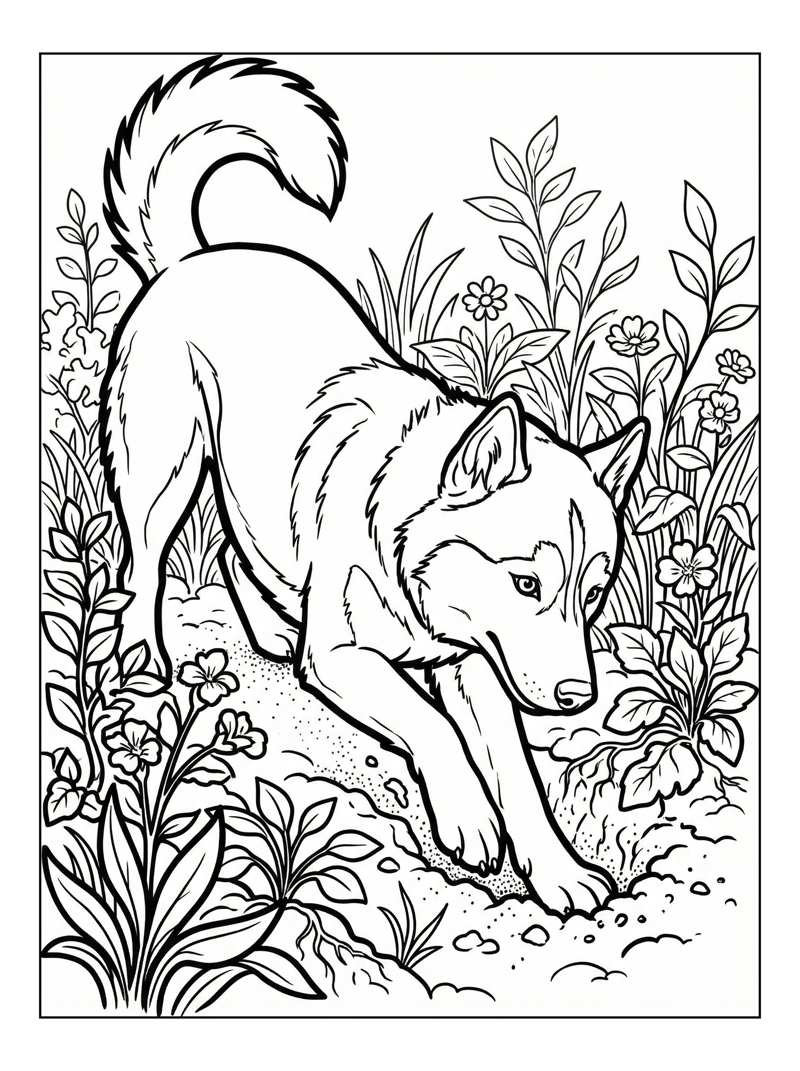 Siberian Husky Digging In Garden