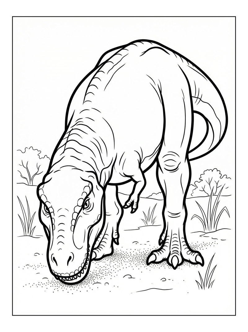Coloring page of T Rex Sniffing In Savannah