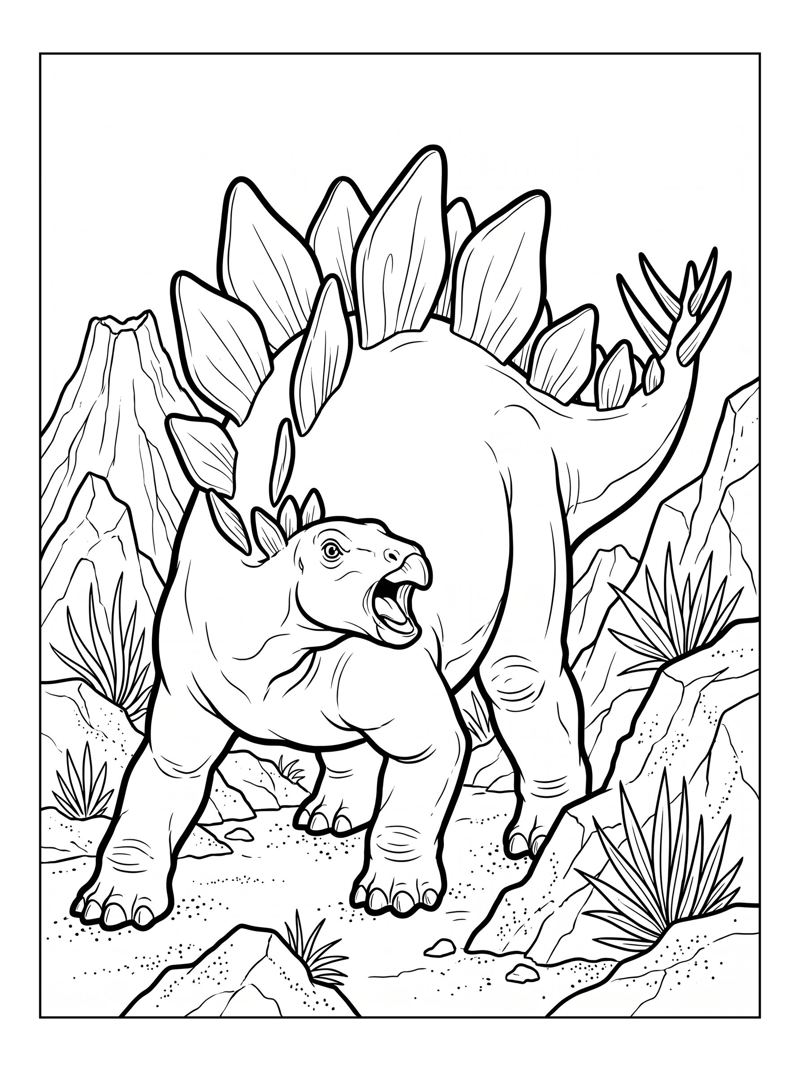 Stegosaurus Roaring Volcanic Landscape