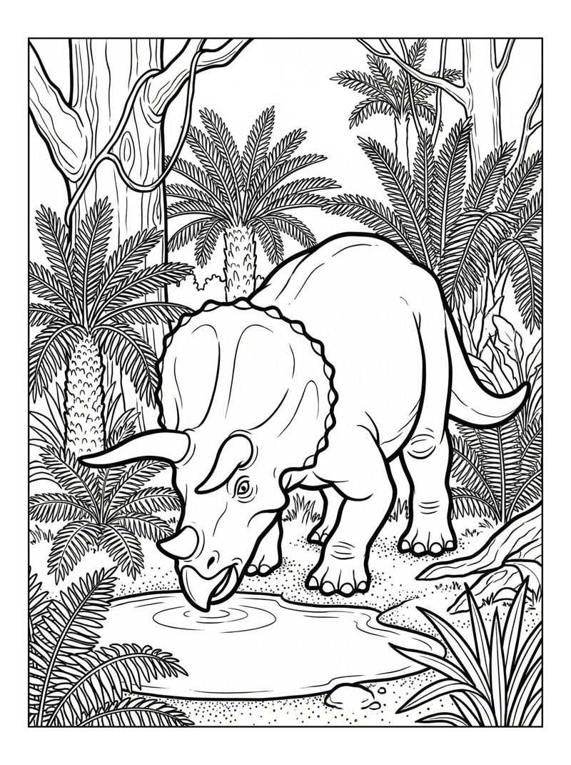 Triceratops Drinking In Prehistoric Jungle