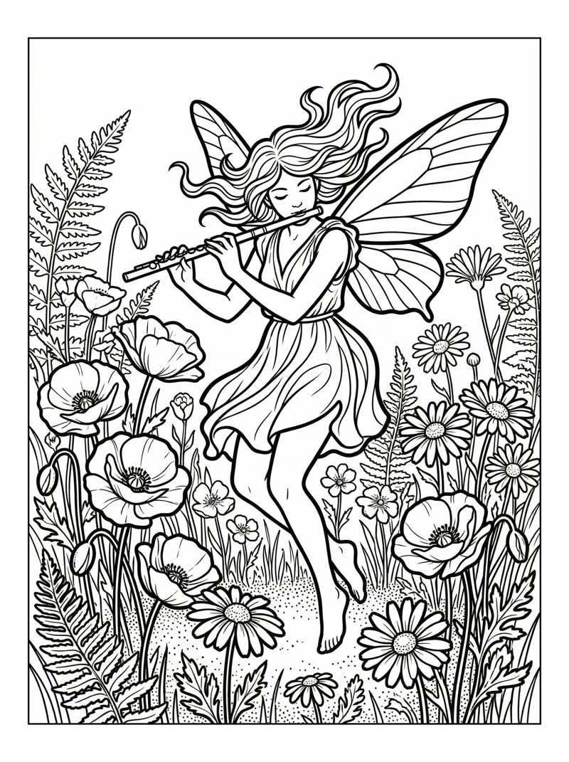 Moon Fairy Playing Flute In Wildflowers