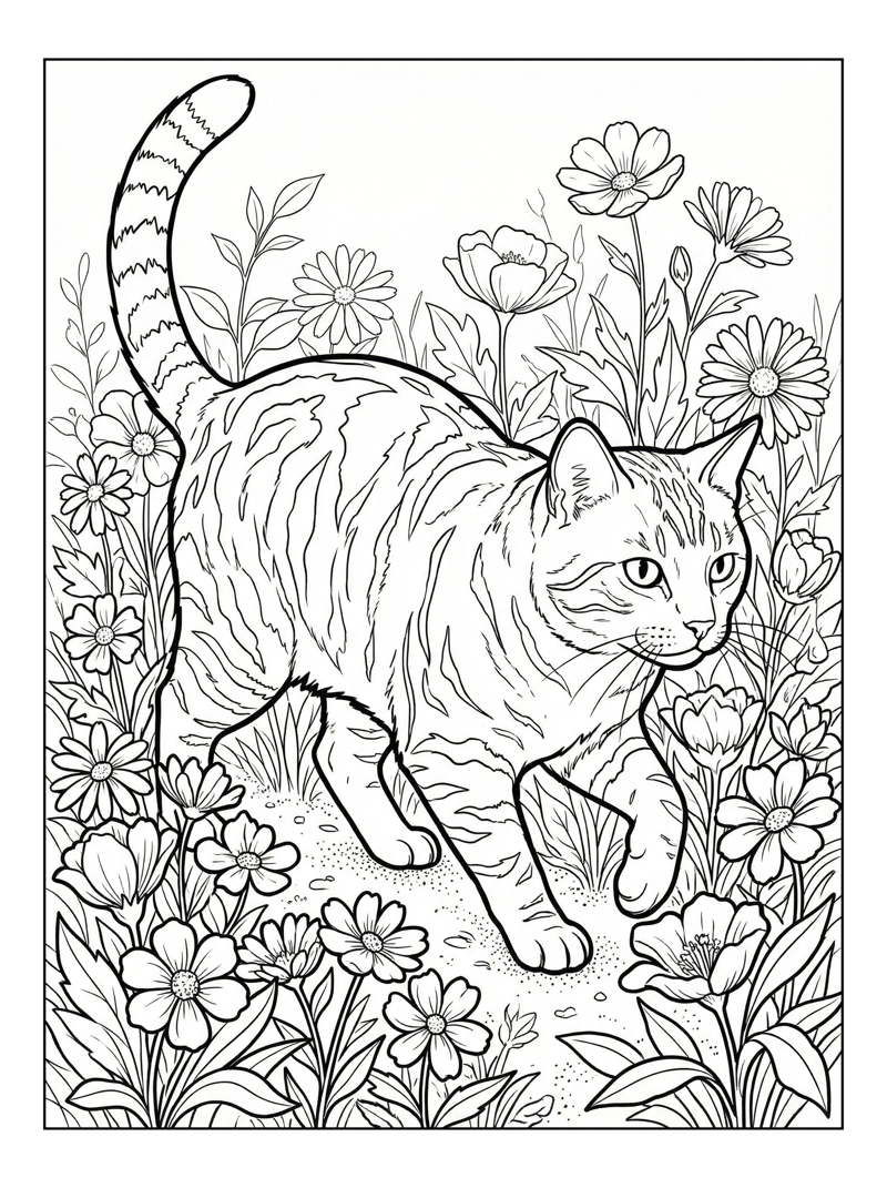 Tabby Cat Walking Through Flower Garden