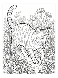Tabby Cat Walking Through Flower Garden