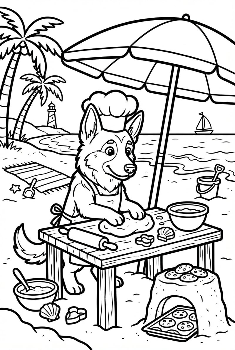Curious German Shepherd in a beach baking
