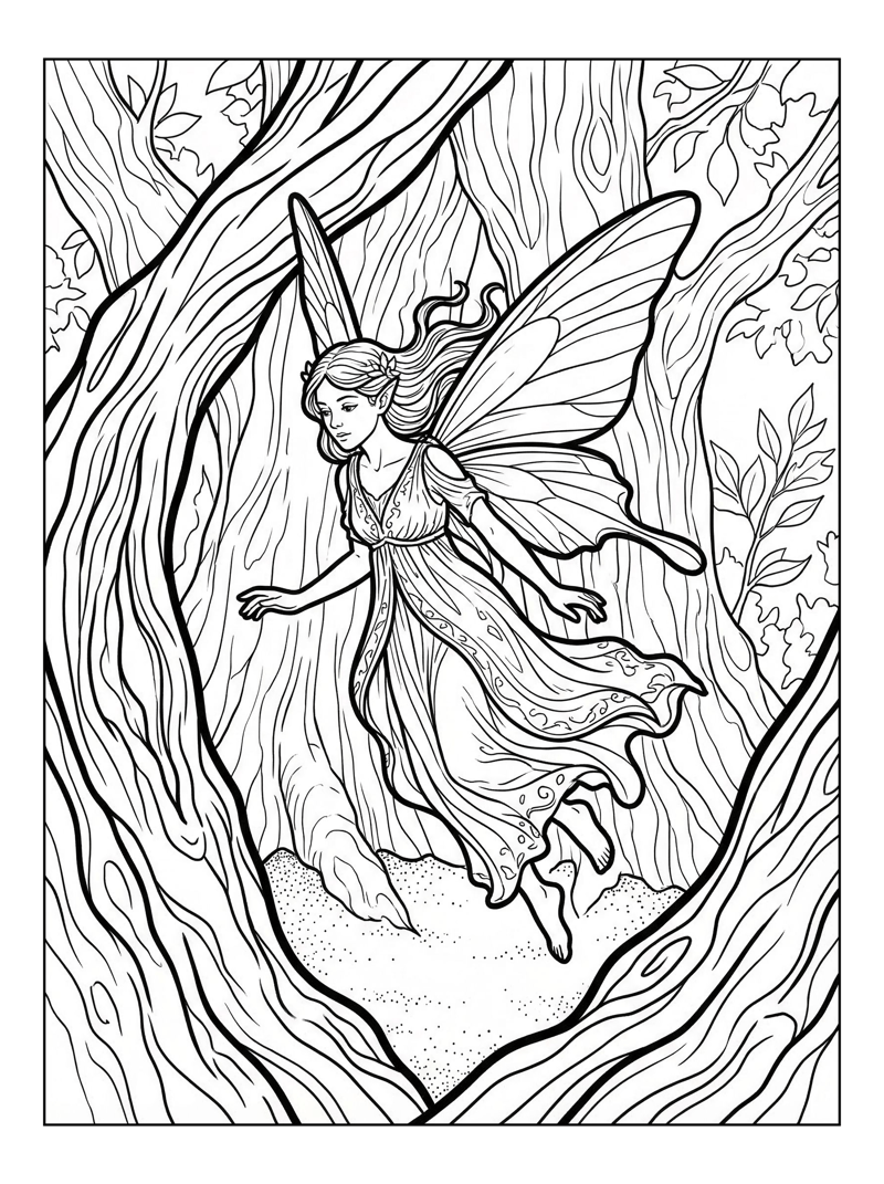 Garden Fairy Hovering In Tree Trunk