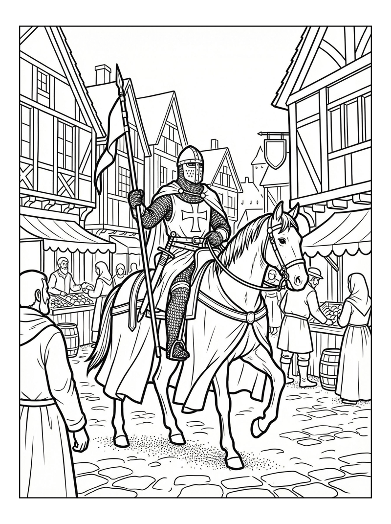 Medieval Knight Riding Village Square