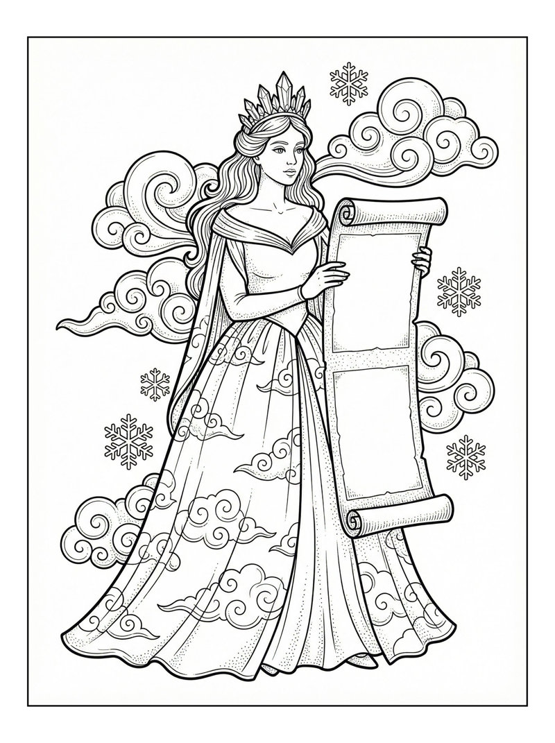 Princess Holds Scroll With Clouds Snowflakes