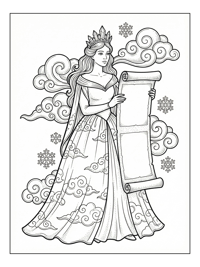 Princess Holds Scroll With Clouds Snowflakes